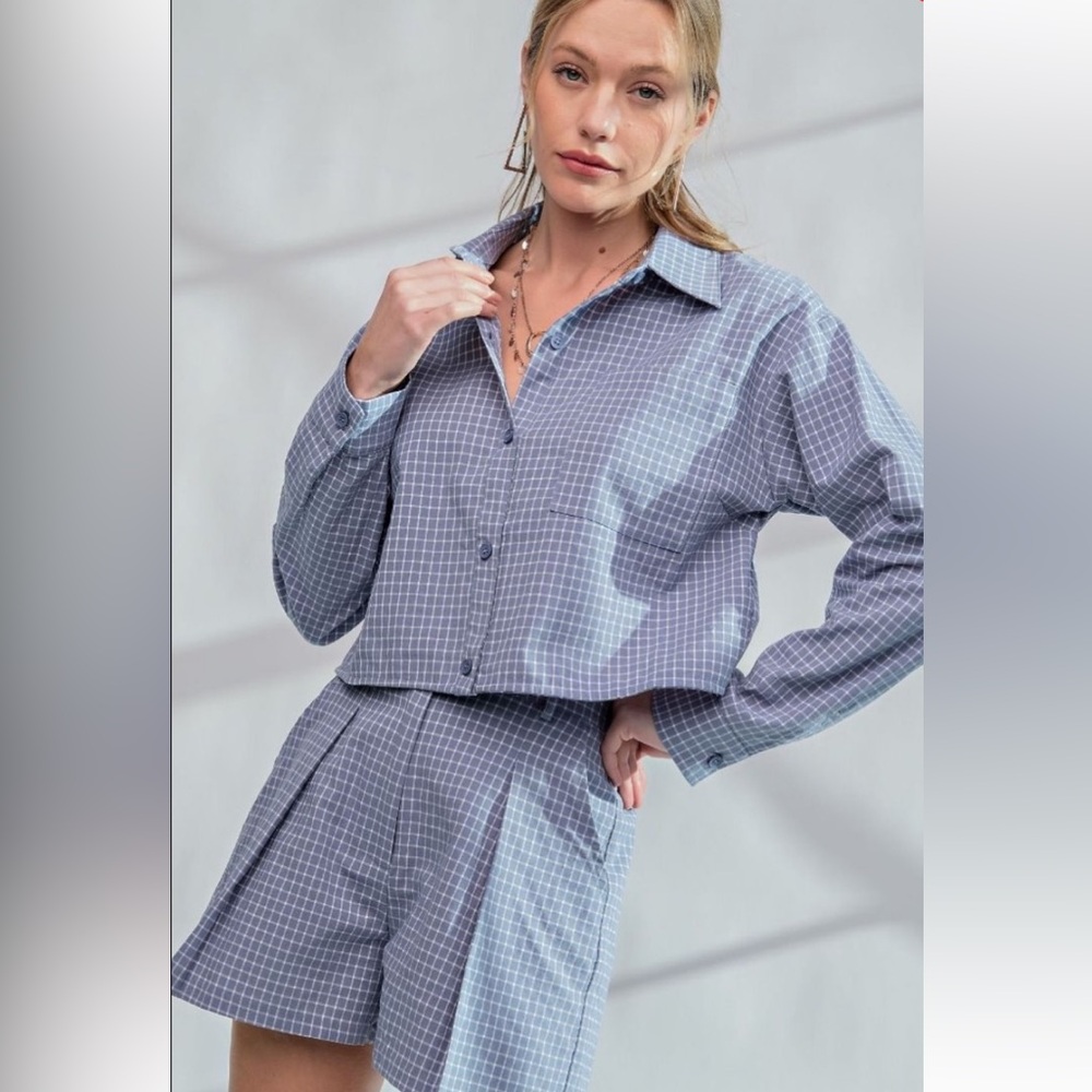 ***THIS IS A SET*** Easel Blue Windowpane Check High-Waist Shorts and Shirt Set.